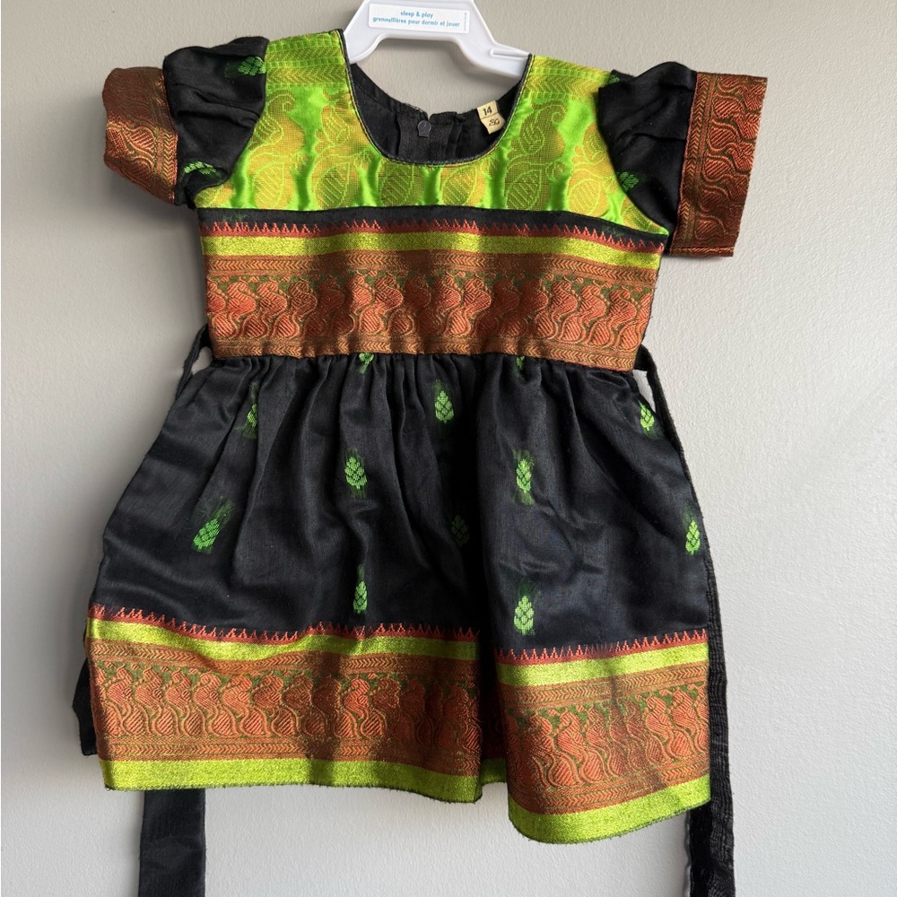 Vibrant Green and Black double layered Silk Dress (6-12 months old)